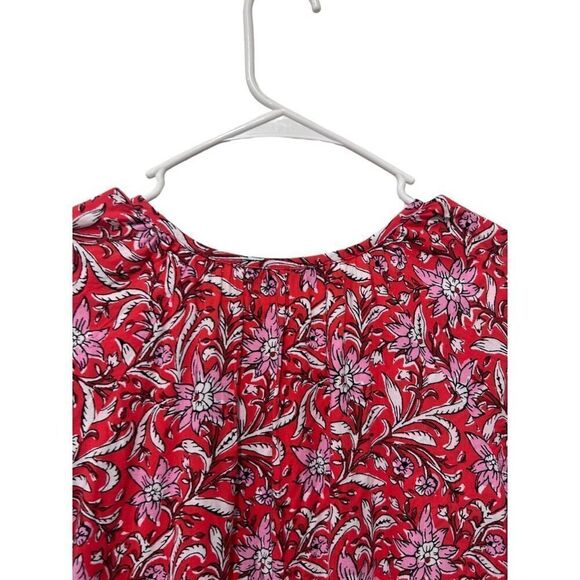 LOFT Puff Sleeve Split Neck Floral Tiered Pocket Shirt Dress Red Size Medium - Picture 9 of 13